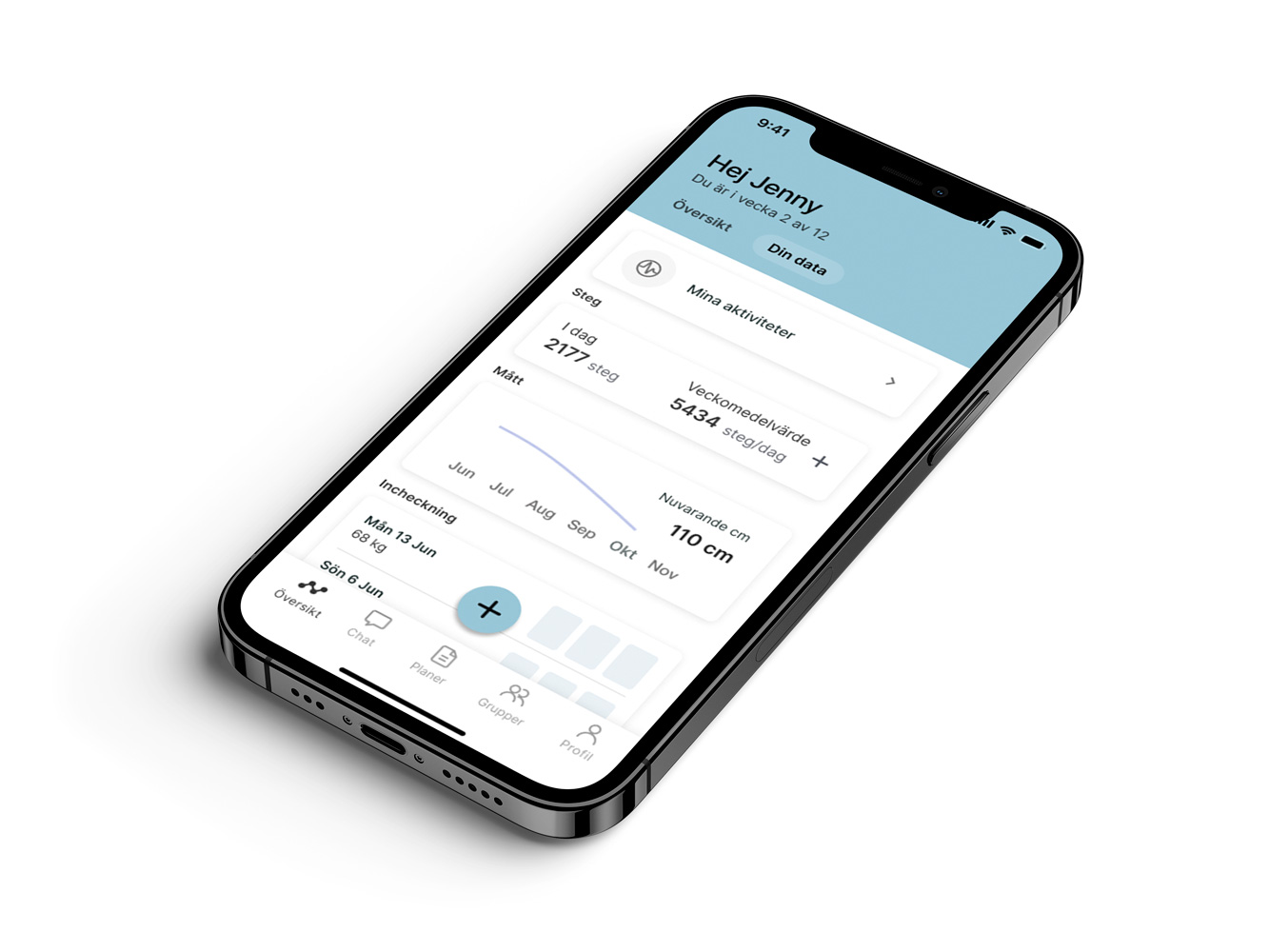En mockup av coaching-appen som visar funktionerna.